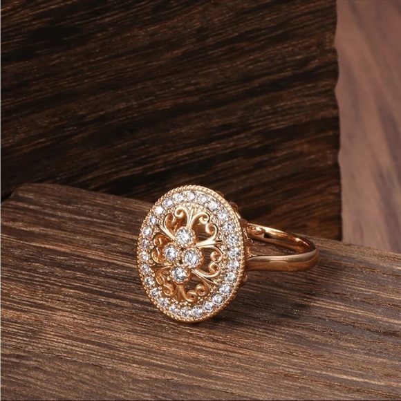 Luxury CZ Rose Gold Ring 585 art deco Retro New Size 6 - Picture 4 of 11